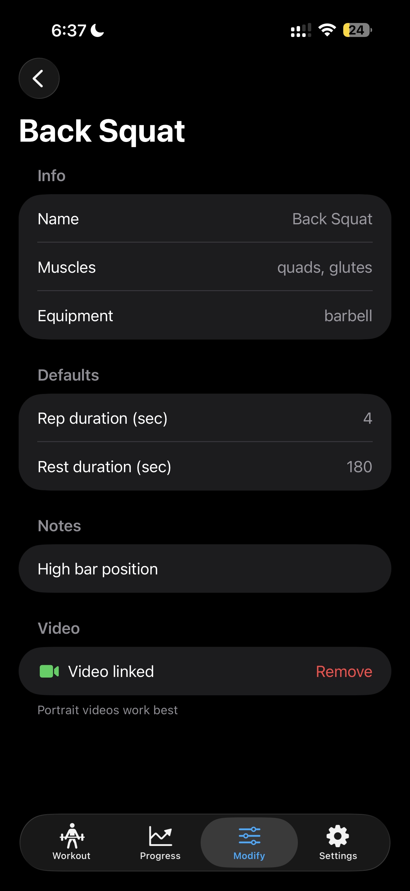 WeightSlate exercise detail with video linked