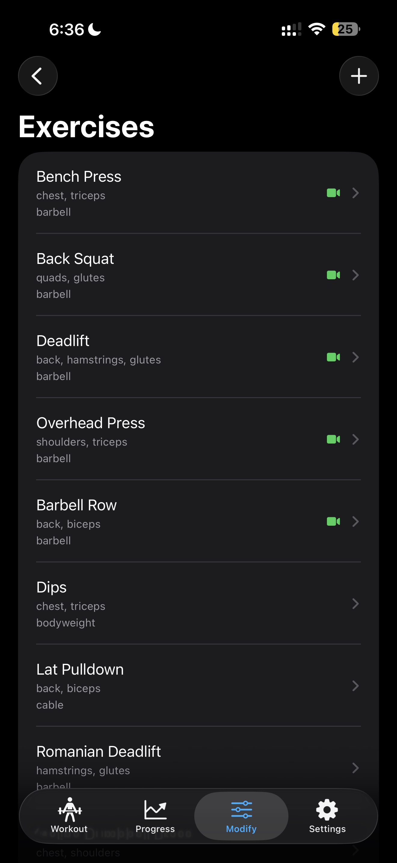 WeightSlate exercise list with video links