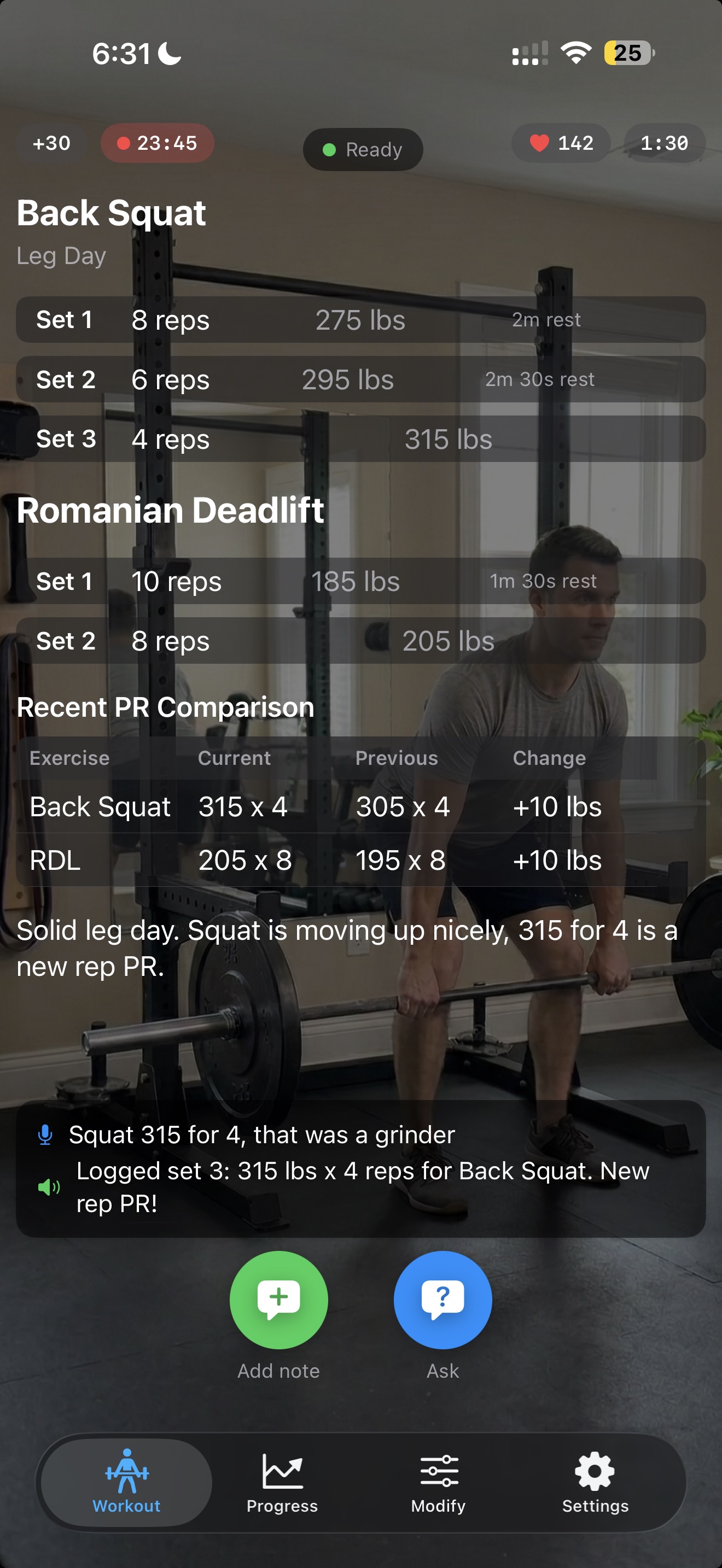 WeightSlate leg day workout tracking
